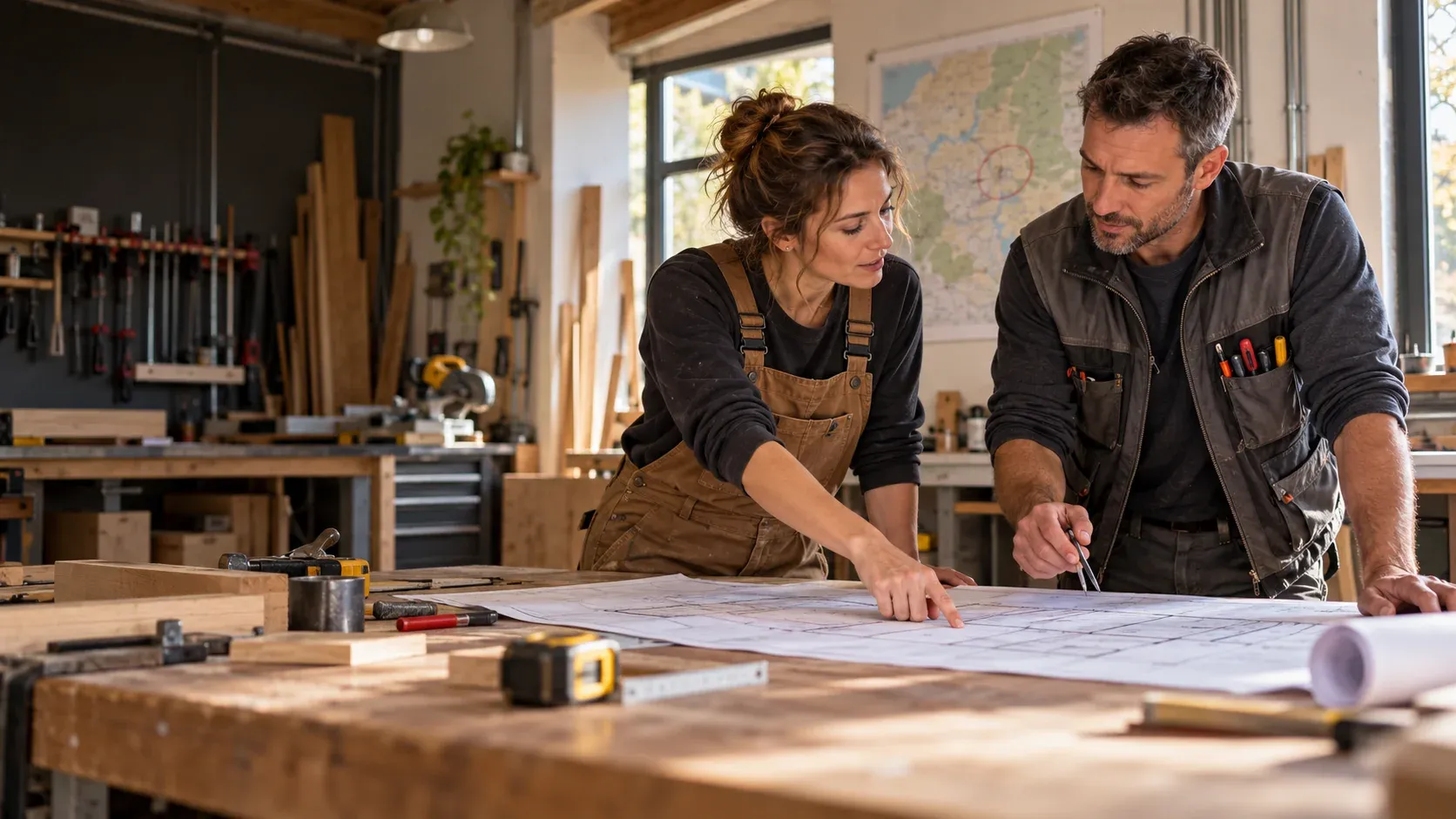 Deux artisans échangent devant un plan de projet, avec une carte indiquant la zone d'intervention en arrière-plan